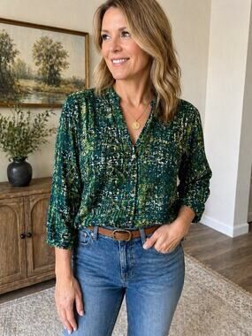 Vintage Koret Blouse Medium Abstract Print Teal Green Button Front Art Shirt M